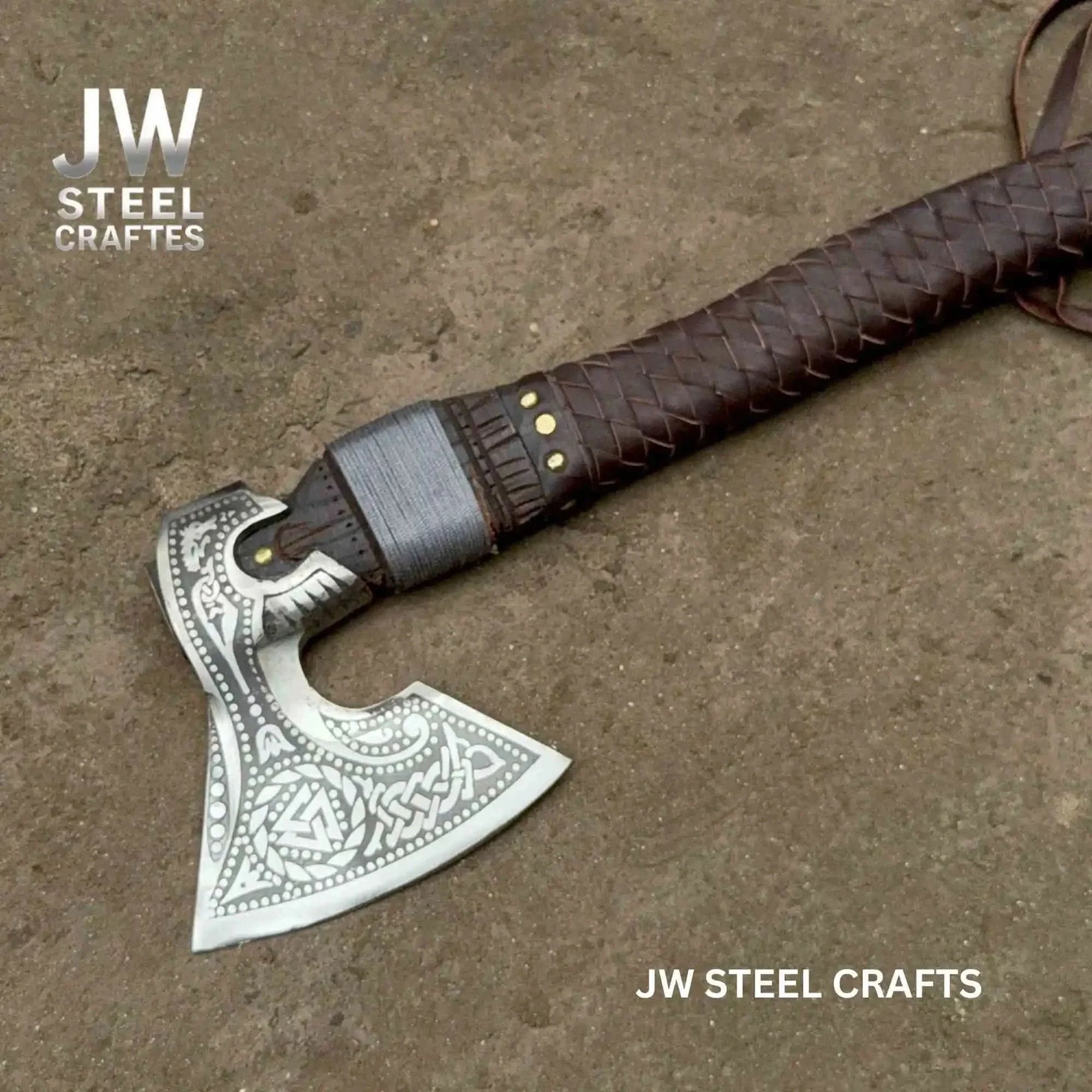 Viking Style Engraved Axe | Handcrafted Leather Wrapped Handle by JW SteelCrafts, handmade axe detail photo 13