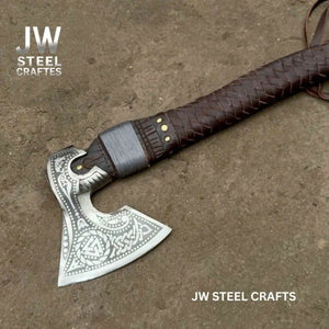 Viking Style Engraved Axe | Handcrafted Leather Wrapped Handle by JW SteelCrafts, handmade axe detail photo 13