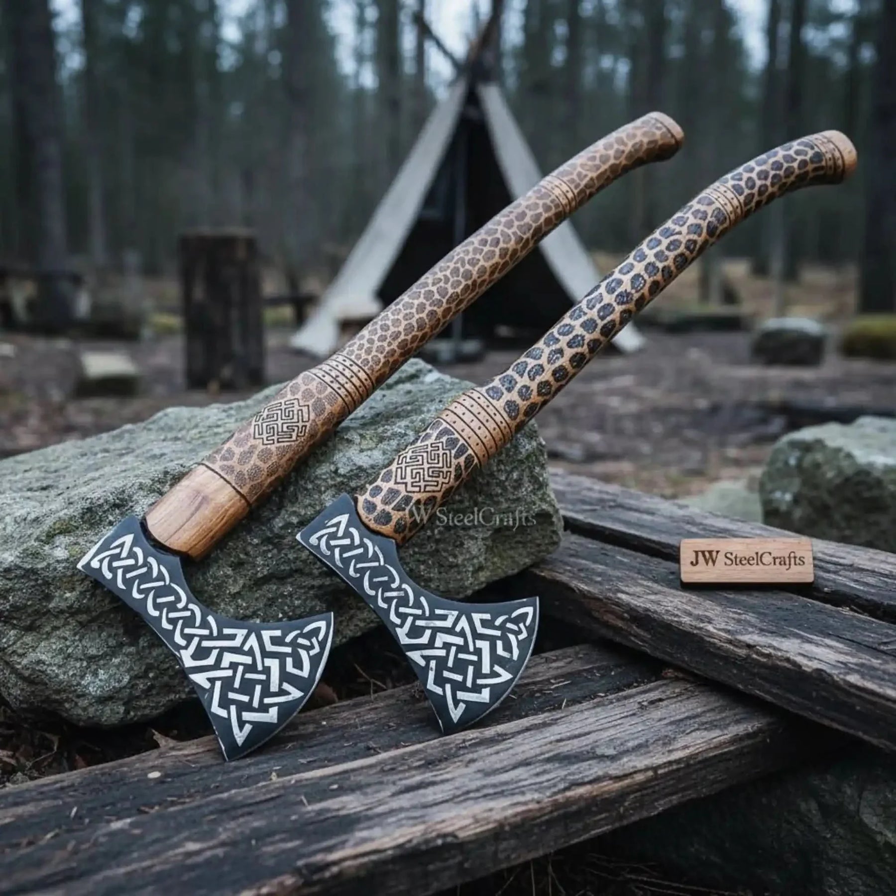 Engraved Viking Throwing Axe Set, Pair of Norse Knotwork Hatchets with Carved Hardwood Handles | JW SteelCrafts by JW SteelCrafts, Southern lifestyle apparel detail photo 3