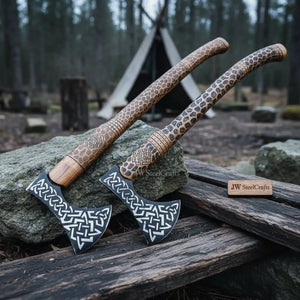 Engraved Viking Throwing Axe Set, Pair of Norse Knotwork Hatchets with Carved Hardwood Handles | JW SteelCrafts by JW SteelCrafts, Southern lifestyle apparel detail photo 3