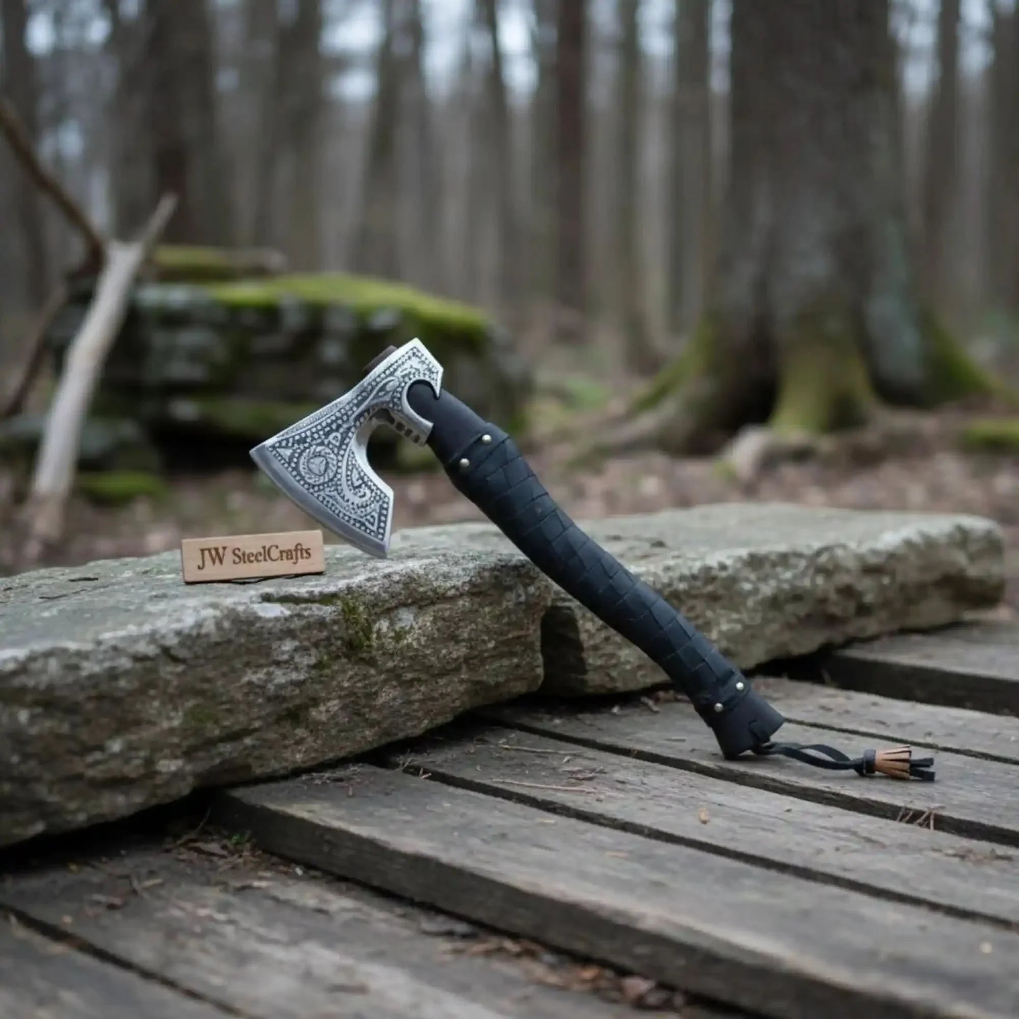 Handmade Viking Axe with High Carbon Steel Blade, Custom Engraving and Leather Sheath by JW SteelCrafts, leather knife sheath main product photo