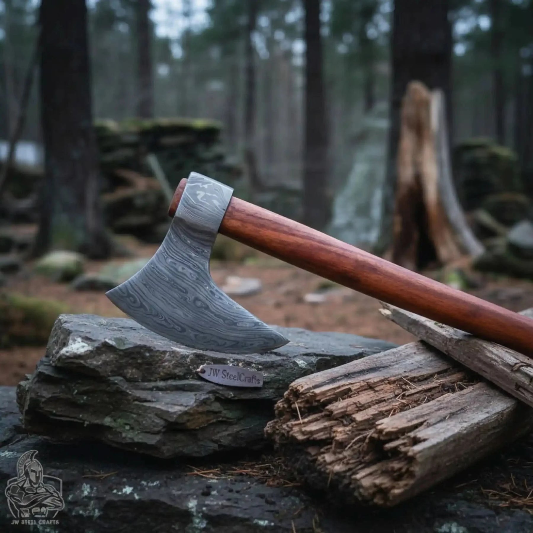 Damascus Steel Scandinavian Working Bearded Axe with Crescent Edge | JW SteelCrafts by JW SteelCrafts, scented candle main product photo