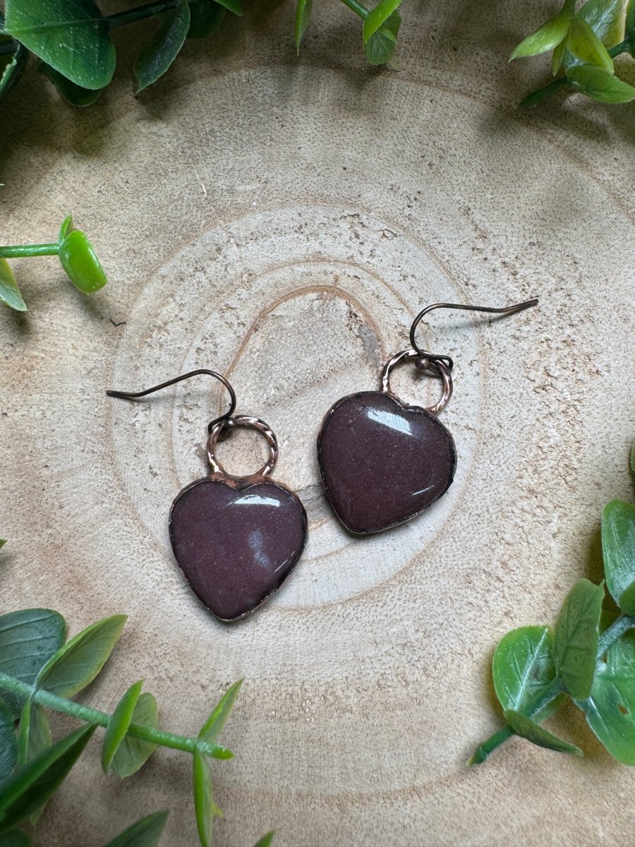 Aventurine Heart Earrings detail view by Copper Ashes
