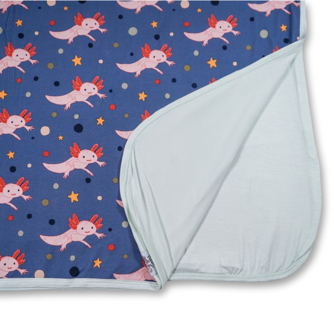 Additional view of Axolotl reversible bamboo blanket with hand drawn animal print
