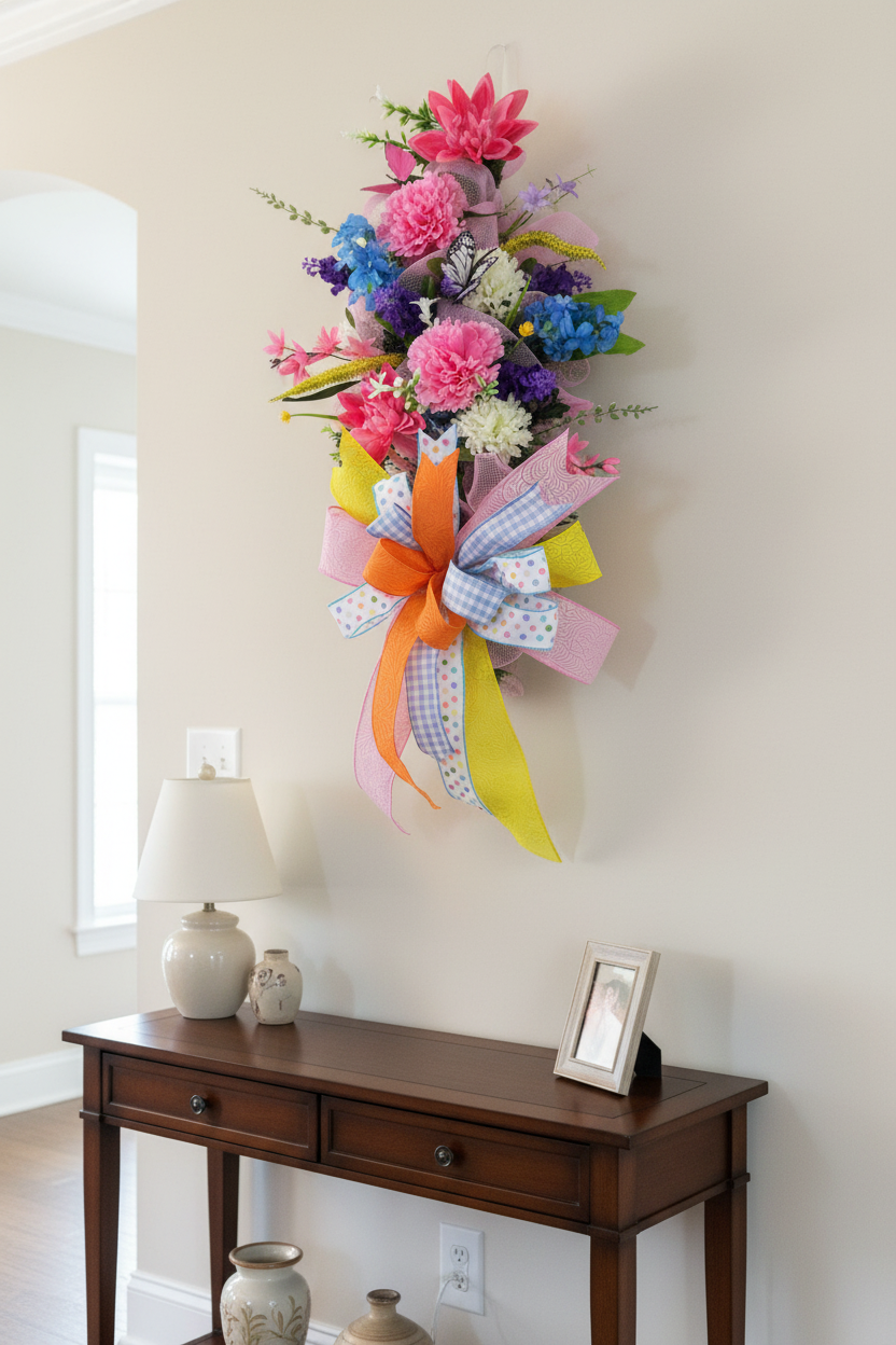 Spring Floral Door Swag | Handmade Easter Door Swag | Colorful Front Door Decor | Butterfly Spring Swag | Pastel Floral