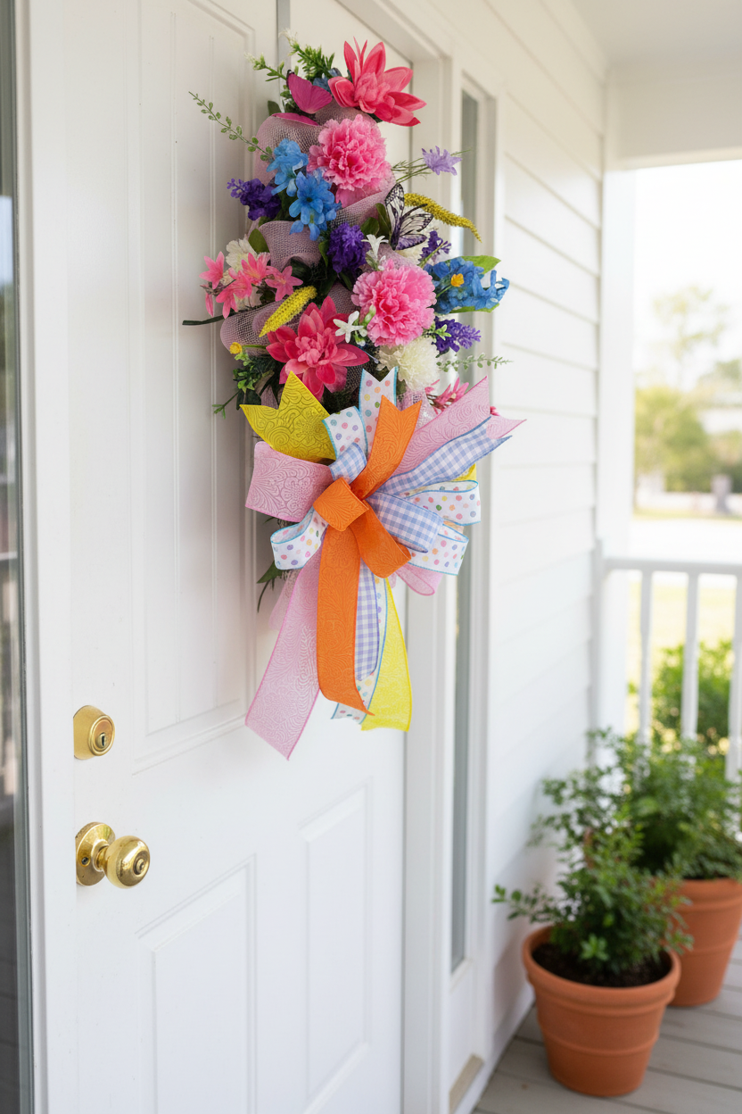 Spring Floral Door Swag | Handmade Easter Door Swag | Colorful Front Door Decor | Butterfly Spring Swag | Pastel Floral