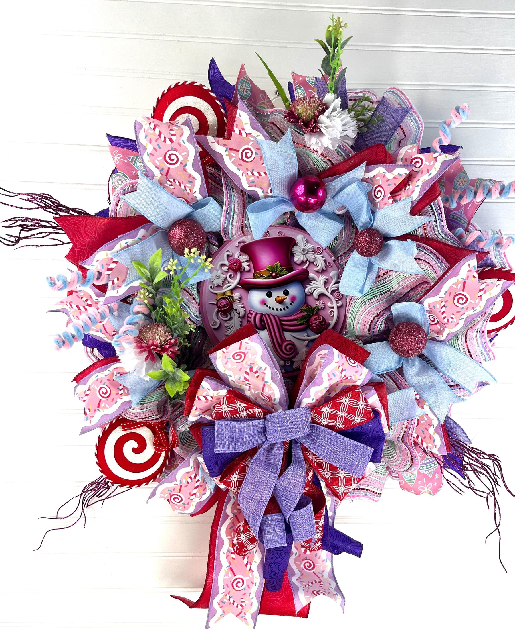 Pink Snowman Christmas Wreath | Blue & Pink Door Decor by Bouge Creations, view 4