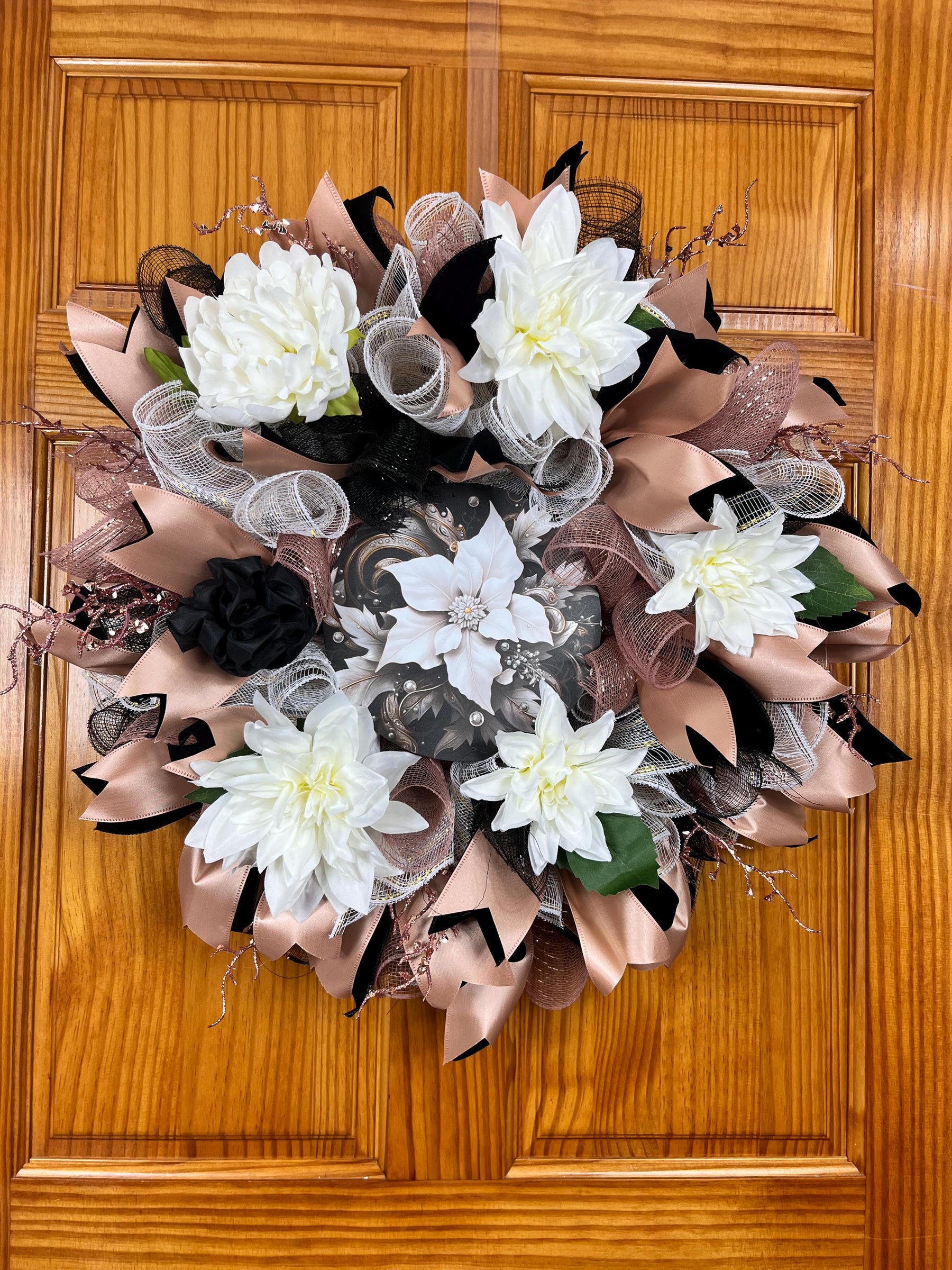 Black & Champagne Dahlia Wreath | Glam Front Door Decor by Bouge Creations, view 4