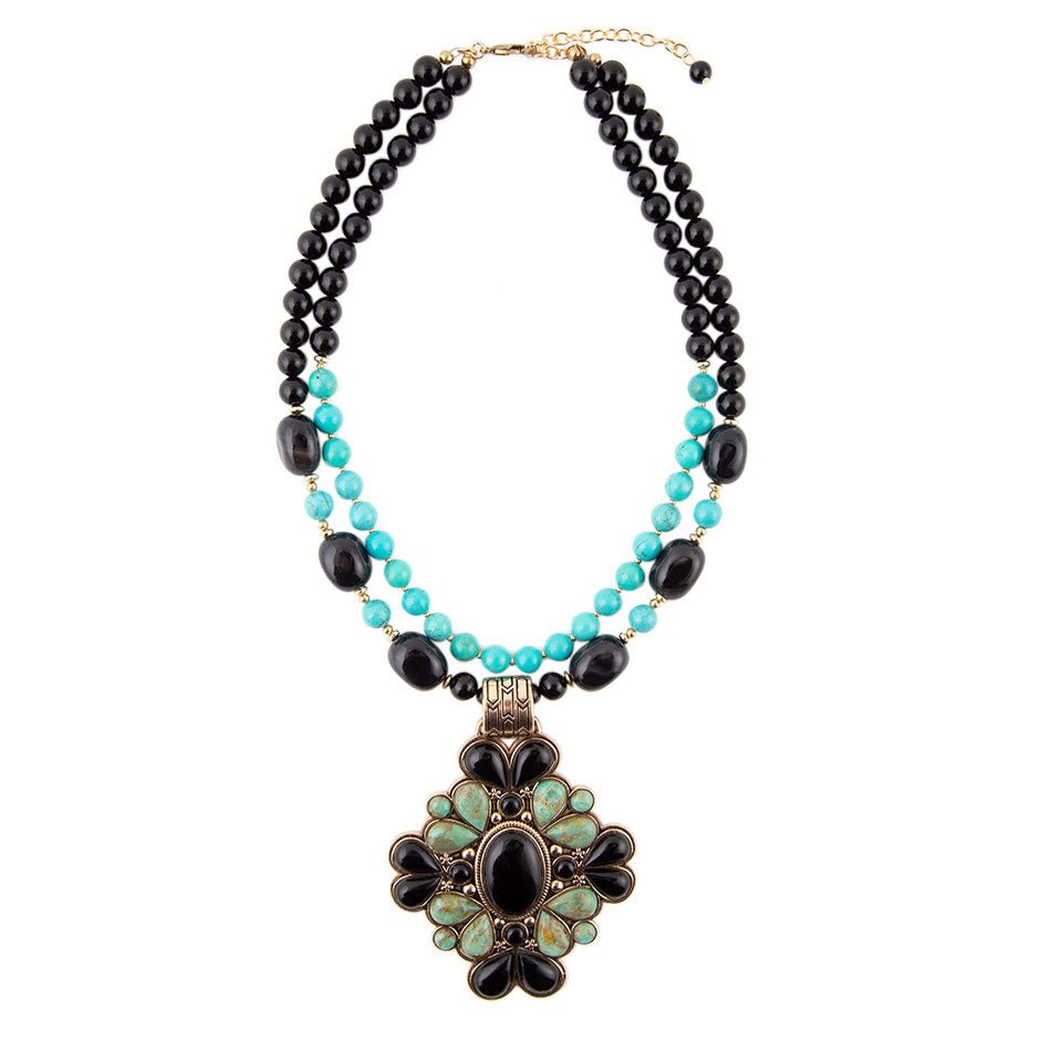 Barcelona Blue Turquoise and Black Onyx Golden Statement Necklace detail view by Barse Jewelry