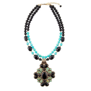Barcelona Blue Turquoise and Black Onyx Golden Statement Necklace detail view by Barse Jewelry