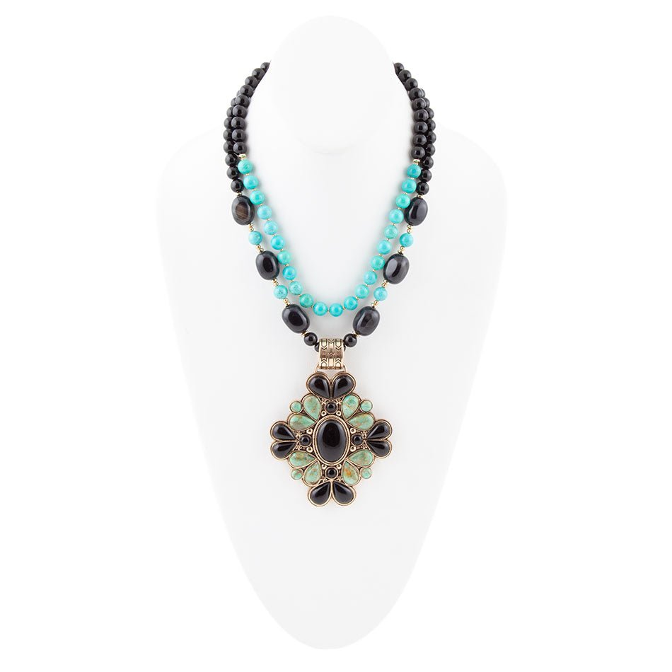 Barcelona Blue Turquoise and Black Onyx Golden Statement Necklace detail view by Barse Jewelry