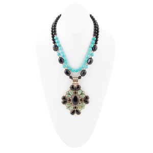 Barcelona Blue Turquoise and Black Onyx Golden Statement Necklace detail view by Barse Jewelry