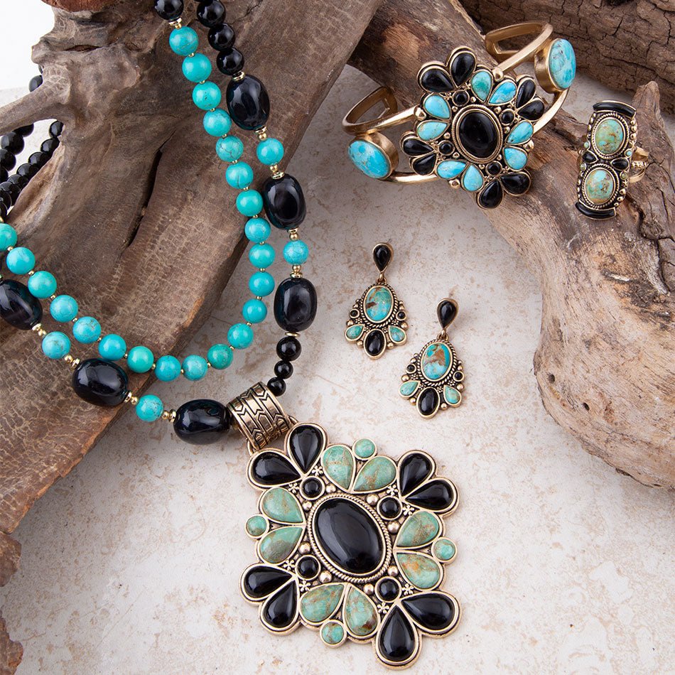 Barcelona Blue Turquoise and Black Onyx Golden Statement Necklace detail view by Barse Jewelry