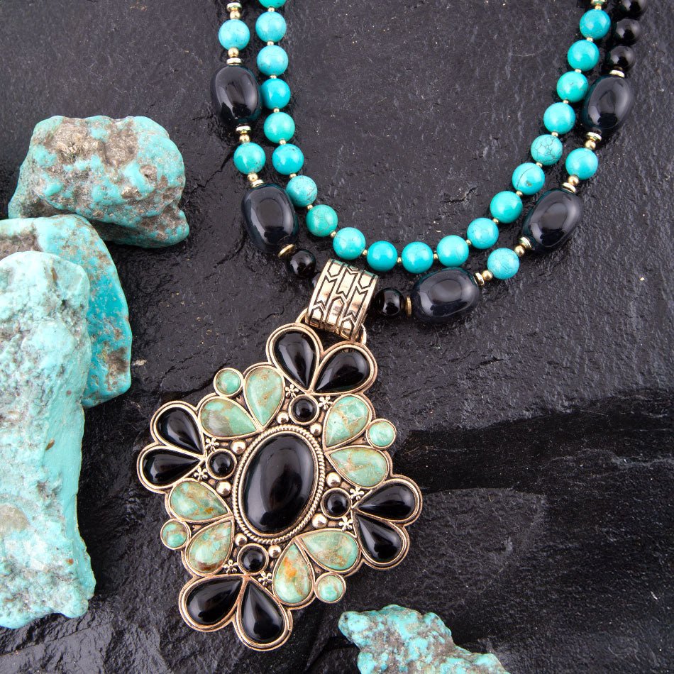 Barcelona Blue Turquoise and Black Onyx Golden Statement Necklace detail view by Barse Jewelry