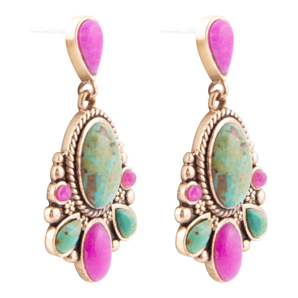 Barcelona Blue Turquoise and Pink Agate Golden Drop Earrings detail view by Barse Jewelry