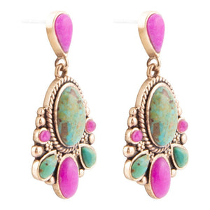 Barcelona Blue Turquoise and Pink Agate Golden Drop Earrings detail view by Barse Jewelry