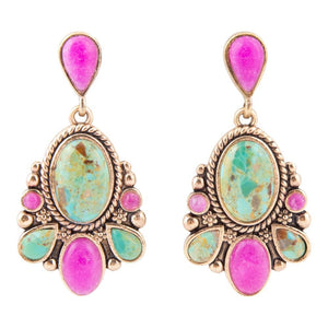 Barcelona Blue Turquoise and Pink Agate Golden Drop Earrings by Barse Jewelry
