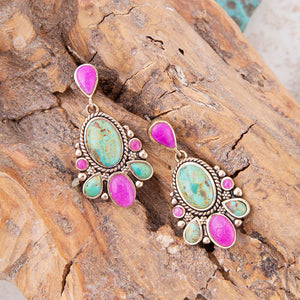 Barcelona Blue Turquoise and Pink Agate Golden Drop Earrings detail view by Barse Jewelry