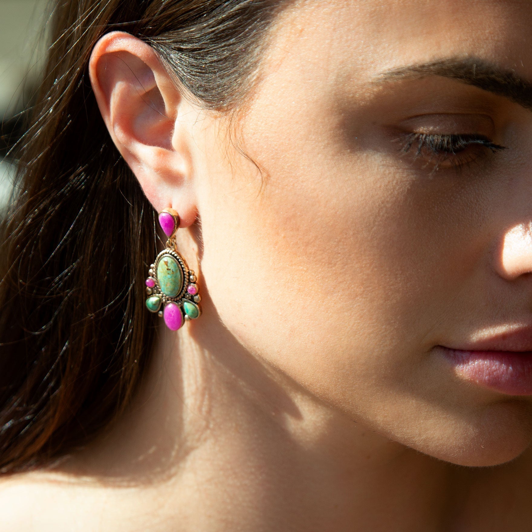 Barcelona Blue Turquoise and Pink Agate Golden Drop Earrings detail view by Barse Jewelry