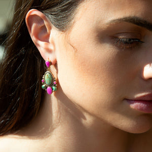 Barcelona Blue Turquoise and Pink Agate Golden Drop Earrings detail view by Barse Jewelry