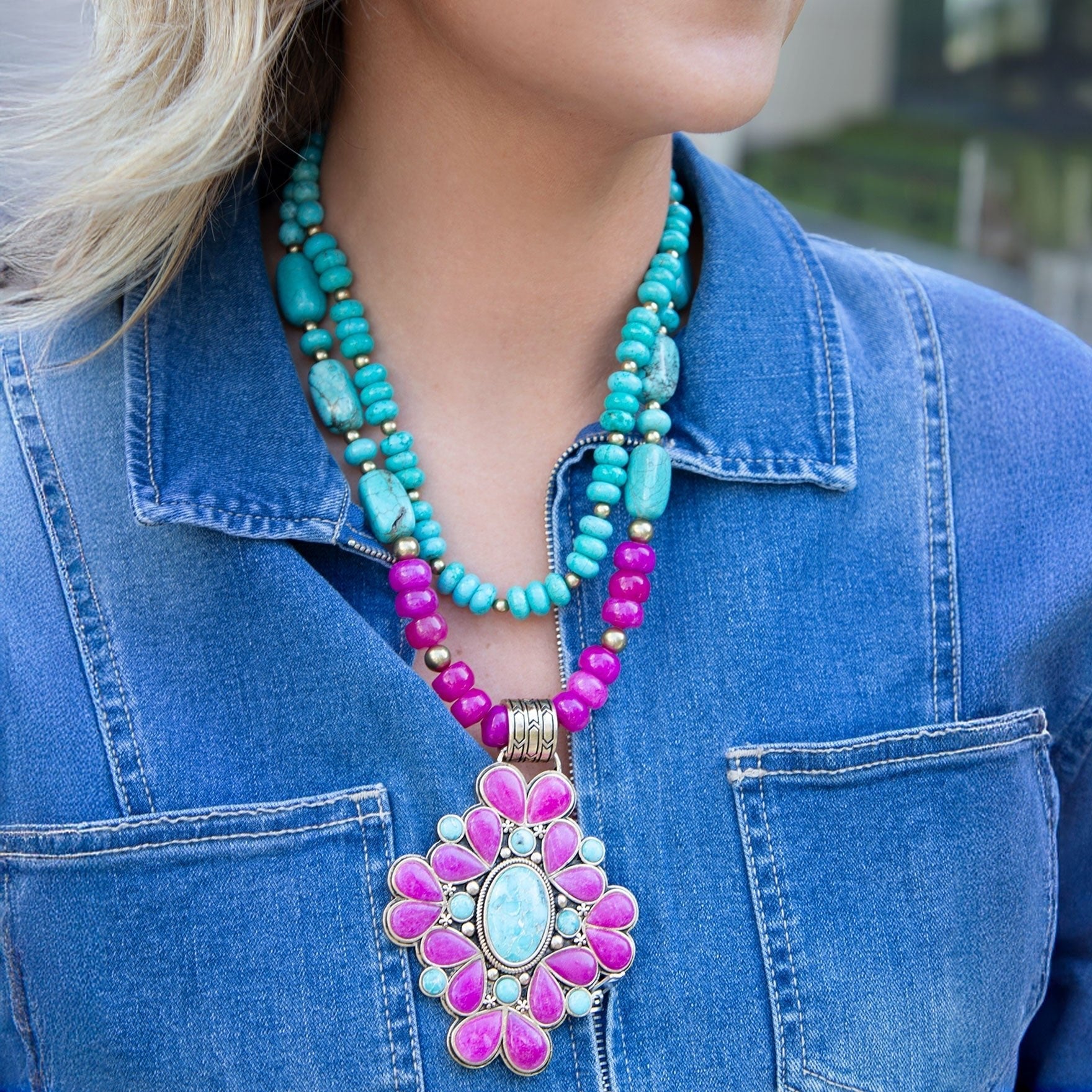 Barcelona Pink Agate Cross Golden Pendant Necklace detail view by Barse Jewelry