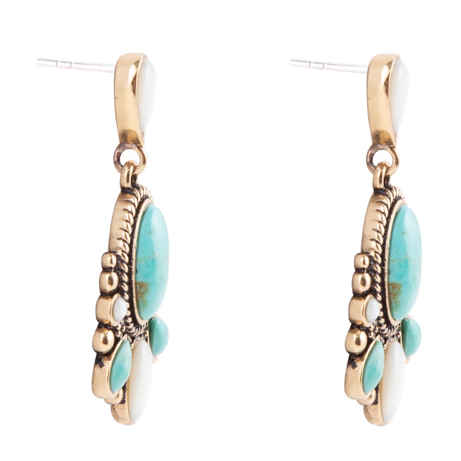Barcelona Turquoise and Mother of Pearl Post Drop Earrings detail view by Barse Jewelry