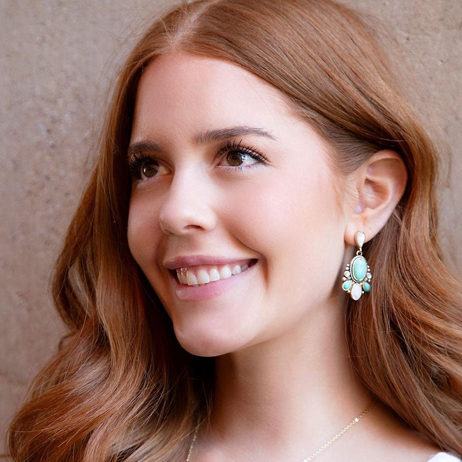 Barcelona Turquoise and Mother of Pearl Post Drop Earrings detail view by Barse Jewelry