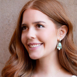 Barcelona Turquoise and Mother of Pearl Post Drop Earrings detail view by Barse Jewelry