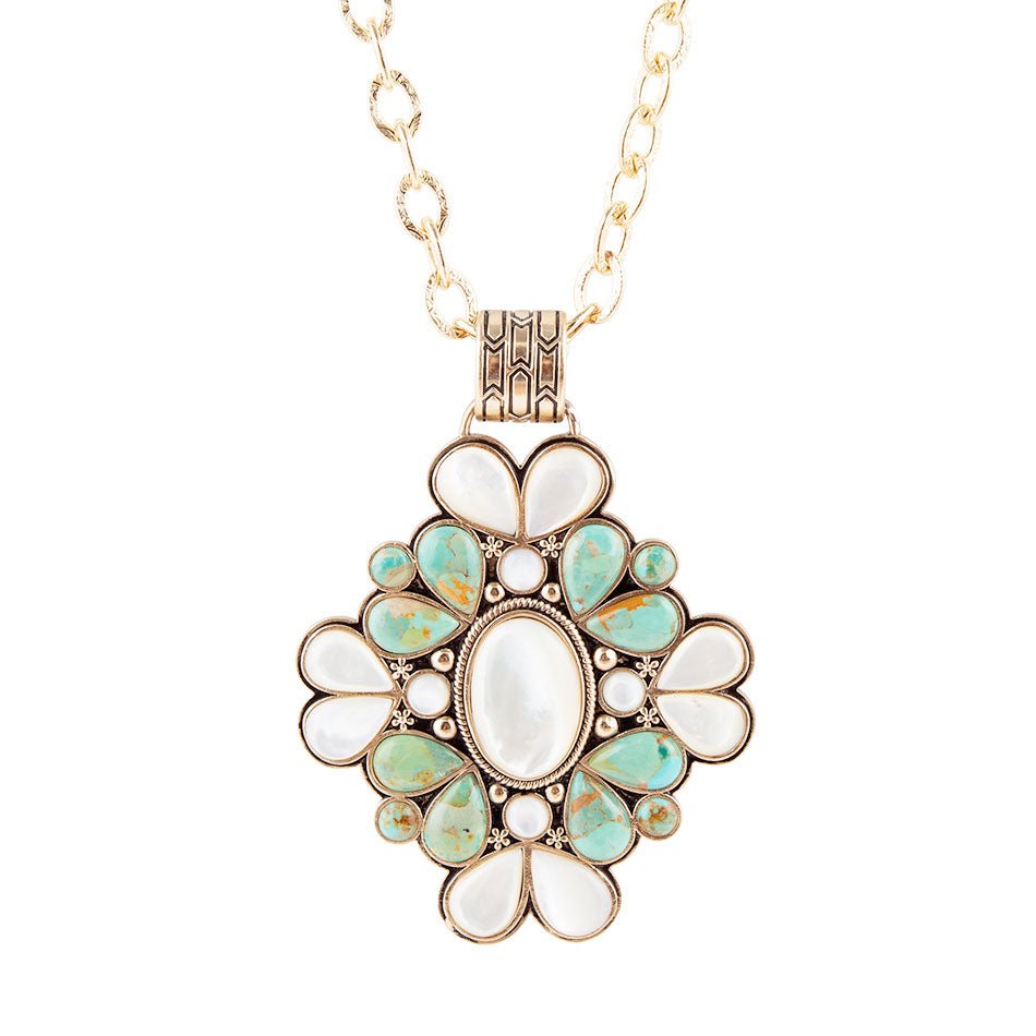 Barcelona Blue Turquoise and Mother of Pearl Golden Statement Necklace by Barse Jewelry