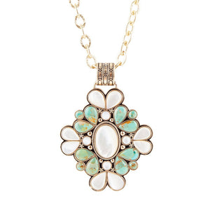 Barcelona Blue Turquoise and Mother of Pearl Golden Statement Necklace by Barse Jewelry