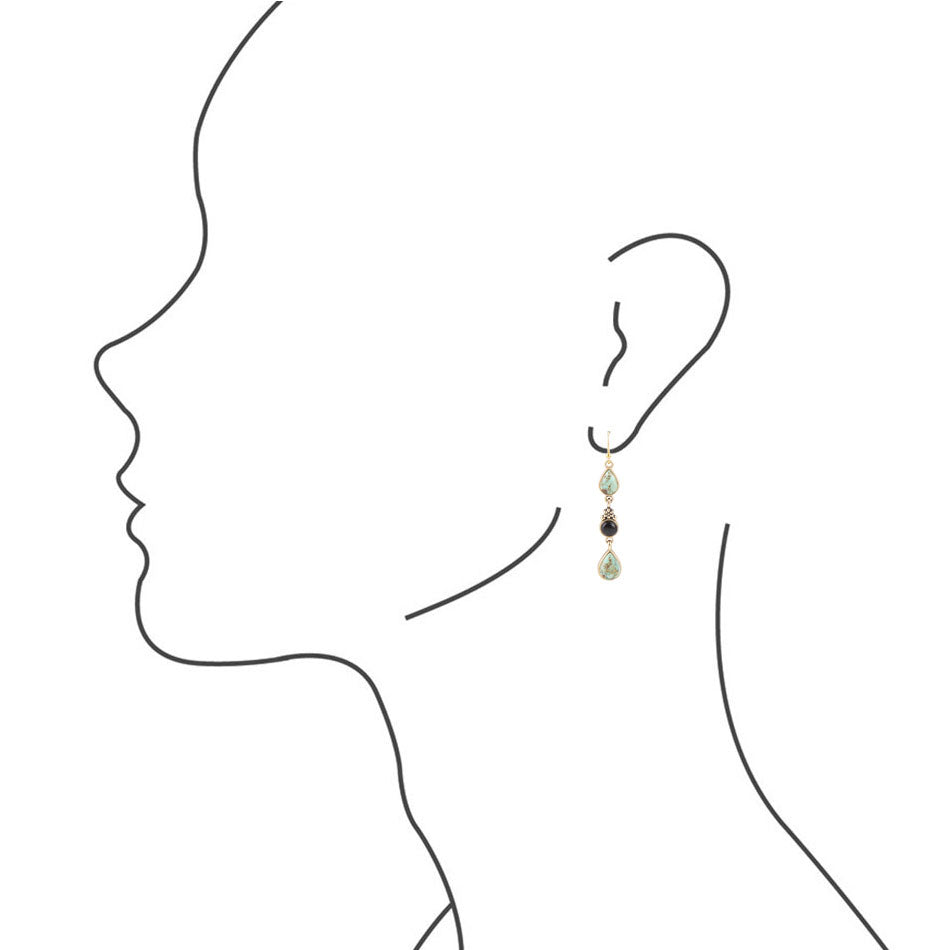 Barcelona Blue Turquoise and Black Onyx Linear Drop Golden Earrings detail view by Barse Jewelry