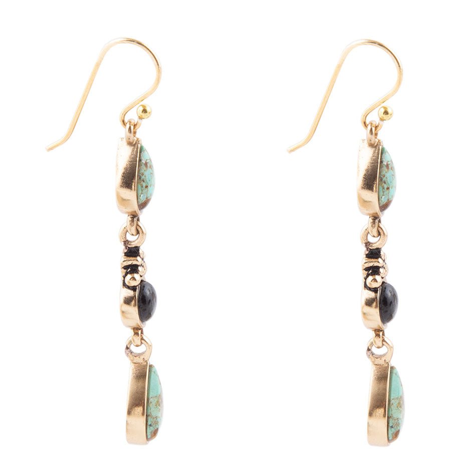 Barcelona Blue Turquoise and Black Onyx Linear Drop Golden Earrings detail view by Barse Jewelry