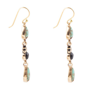 Barcelona Blue Turquoise and Black Onyx Linear Drop Golden Earrings detail view by Barse Jewelry