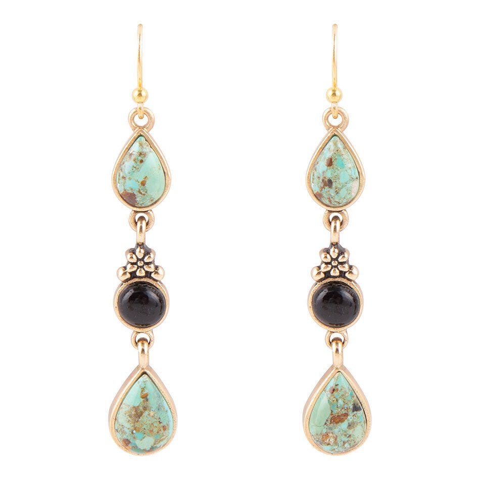 Barcelona Blue Turquoise and Black Onyx Linear Drop Golden Earrings by Barse Jewelry