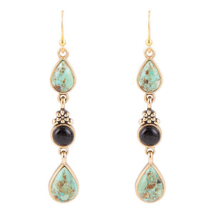 Barcelona Blue Turquoise and Black Onyx Linear Drop Golden Earrings by Barse Jewelry