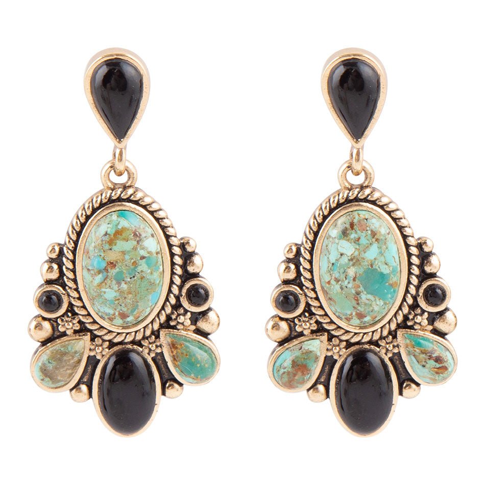 Barcelona Blue Turquoise and Black Onyx Post Drop Golden Earrings by Barse Jewelry