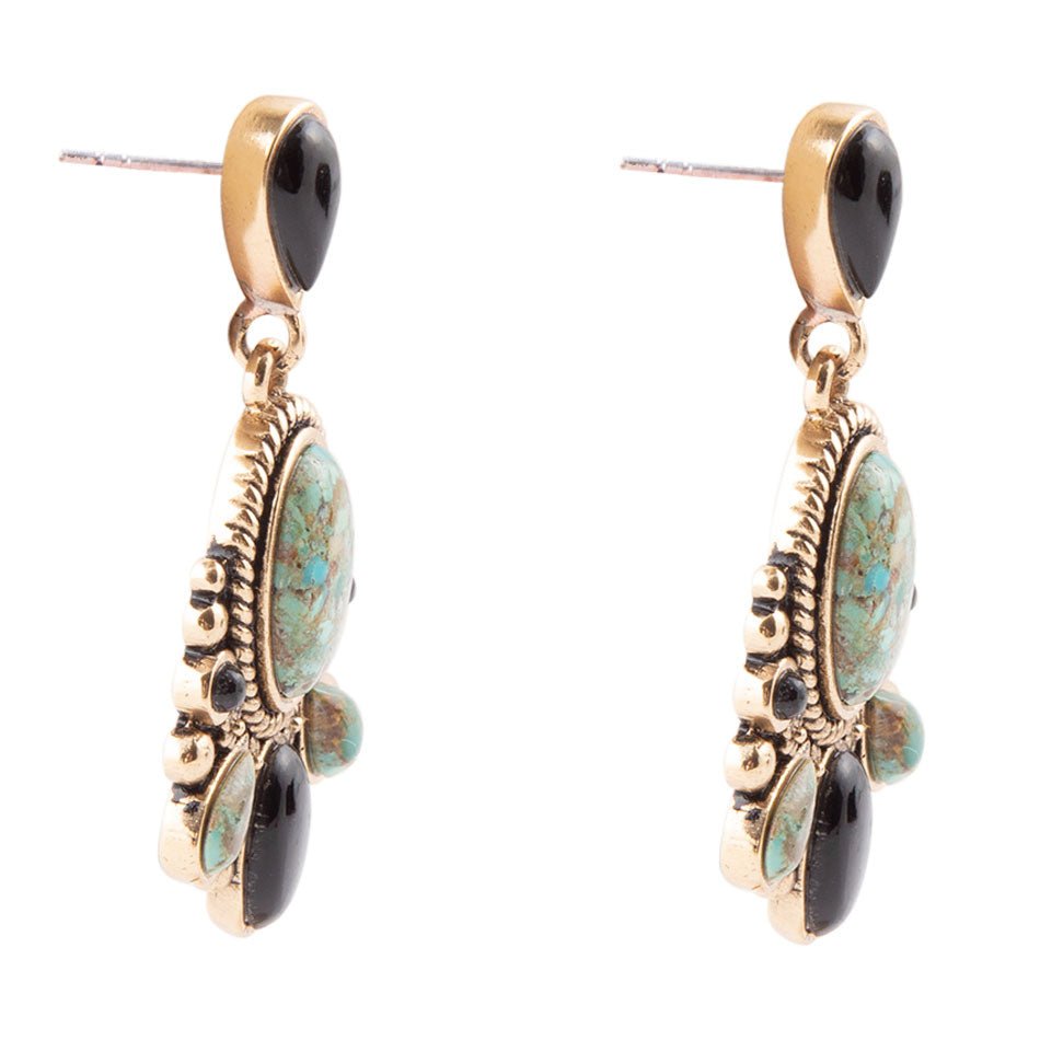 Barcelona Blue Turquoise and Black Onyx Post Drop Golden Earrings detail view by Barse Jewelry