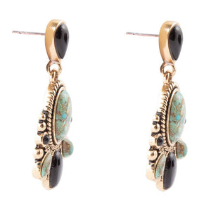 Barcelona Blue Turquoise and Black Onyx Post Drop Golden Earrings detail view by Barse Jewelry