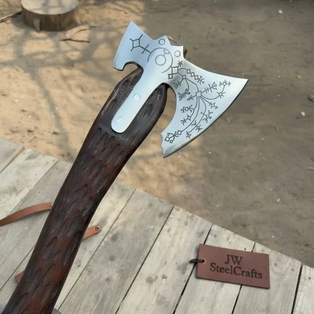 Handmade Viking Double-Bit Carbon Steel Axe with Norse Rune Etching and Engraved Hardwood Handle by JW SteelCrafts, Southern lifestyle apparel detail photo 2