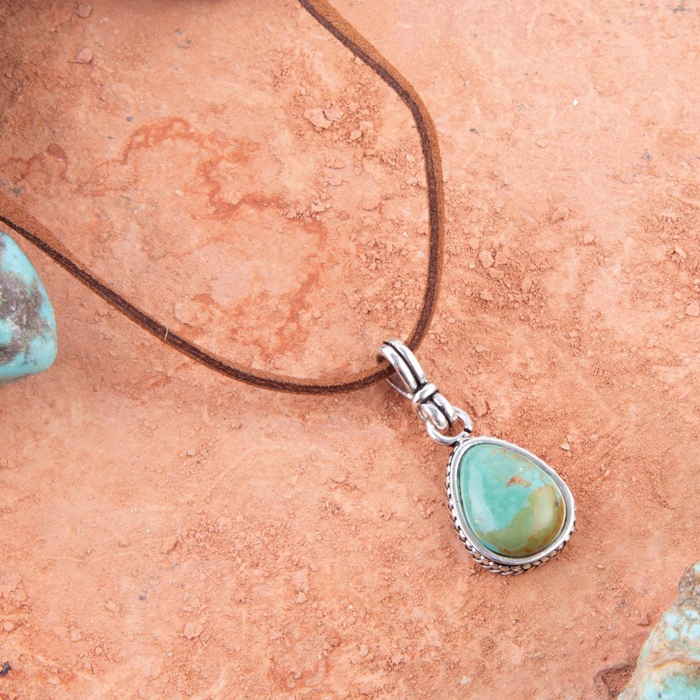 Basic Turquoise and Sterling Silver Pendant Leather Necklace detail view by Barse Jewelry