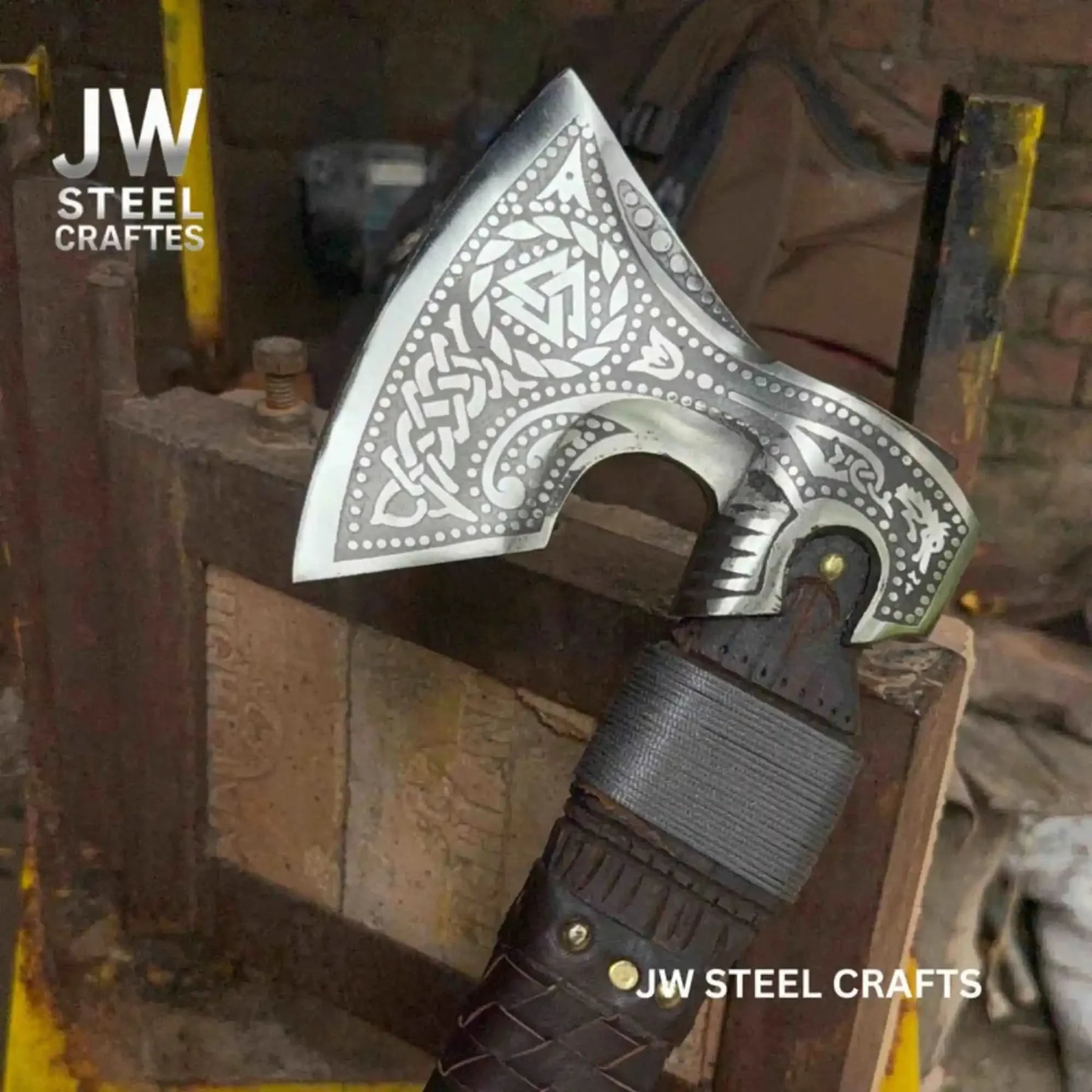 Engraved Norse Valknut Hatchet with Braided Leather Handle detail view by JW SteelCrafts