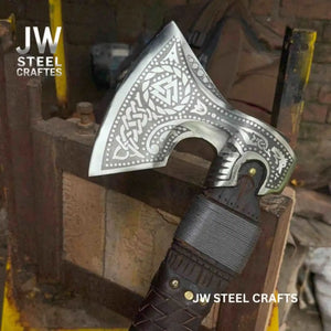 Engraved Norse Valknut Hatchet with Braided Leather Handle detail view by JW SteelCrafts