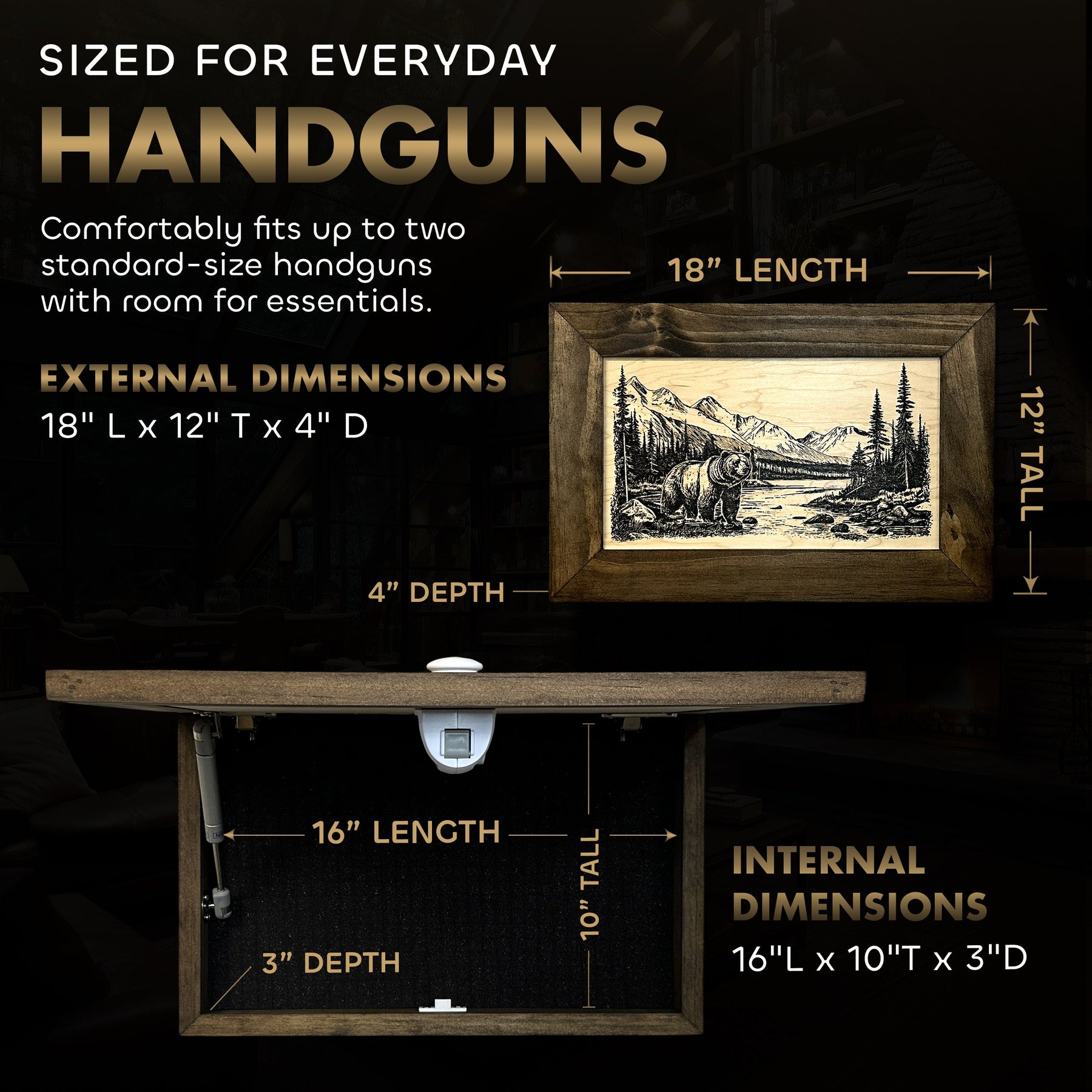 Wilderness Mountain Bear Gun Concealment Furniture - Handcrafted Hidden Gun Storage Wall Decor - Hidden Safe Furniture with