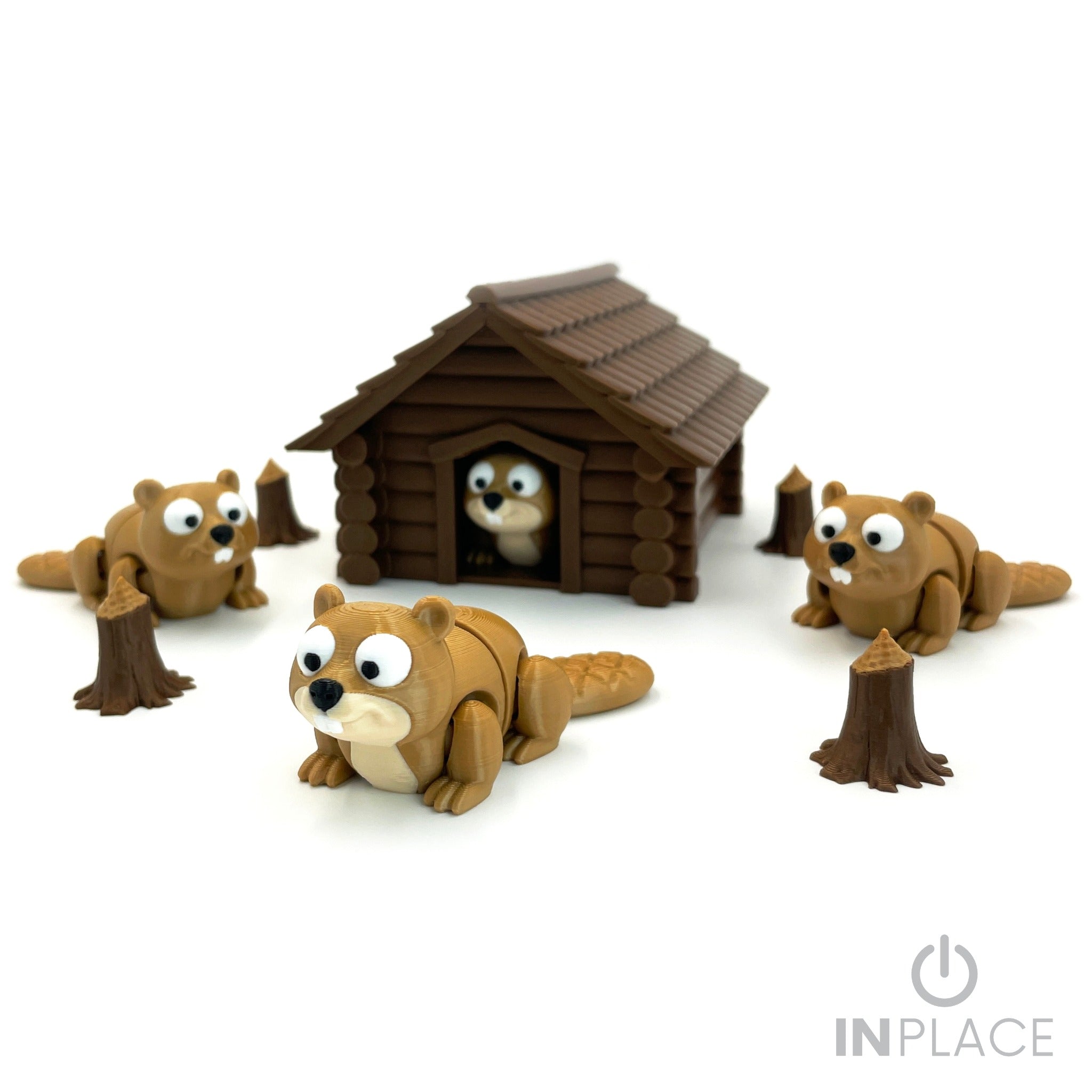 Beaver playset with lodge, four beavers, and tree stumps