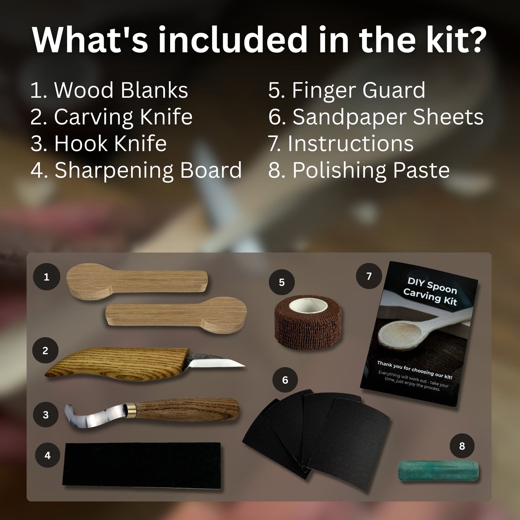 Beginner DIY Spoon Carving Kit detail view by Sharky Forged Steel Tools