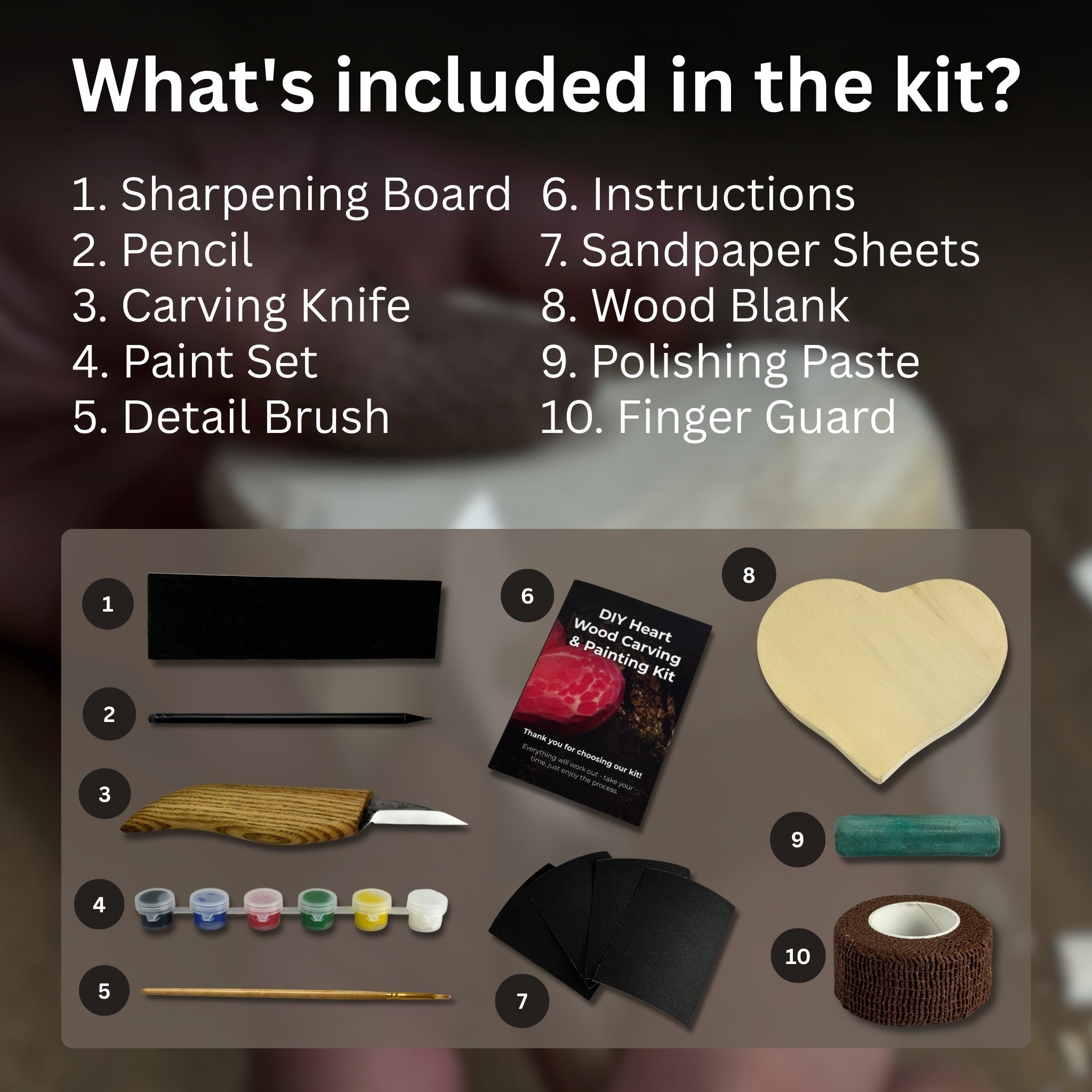 Beginner Heart Wood Carving & Painting Kit — Complete DIY Hobby Set for Adults and Kids detail view by Sharky Forged Steel