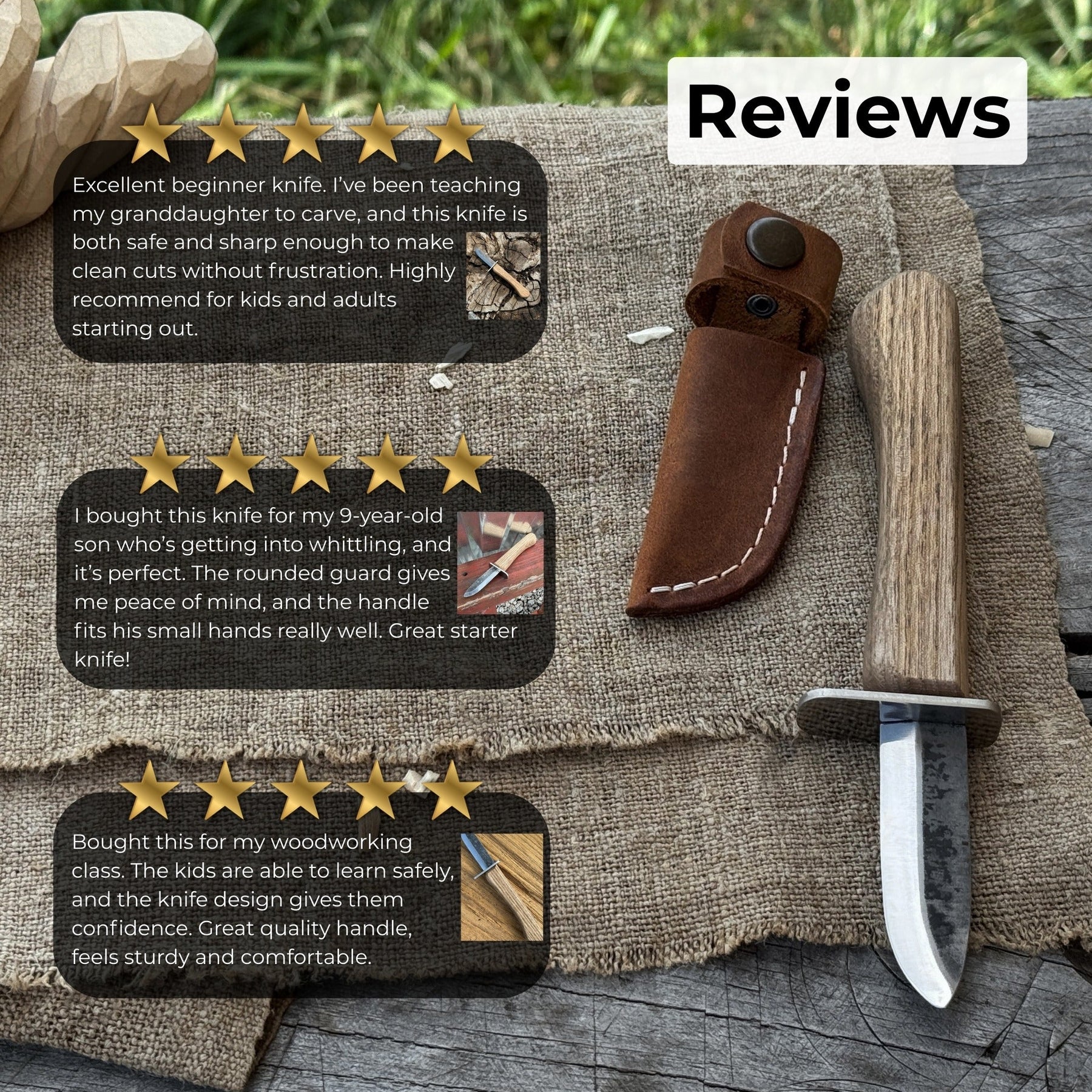 Beginner’s Woodcarving Knife with Leather Sheath, 6 cm (2.36 inches) detail view by Sharky Forged Steel Tools