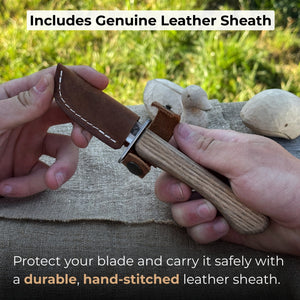 Beginner’s Woodcarving Knife with Leather Sheath, 6 cm (2.36 inches) detail view by Sharky Forged Steel Tools