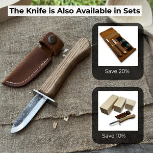 Beginner’s Woodcarving Knife with Leather Sheath, 6 cm (2.36 inches) detail view by Sharky Forged Steel Tools