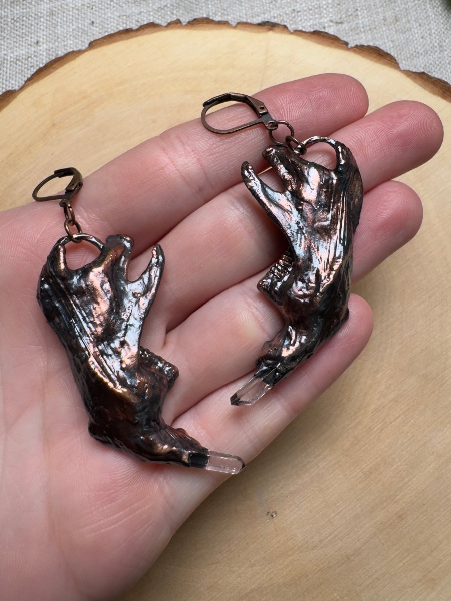 Beltharion- Muskrat Jawbone and Quartz Earrings by Copper Ashes